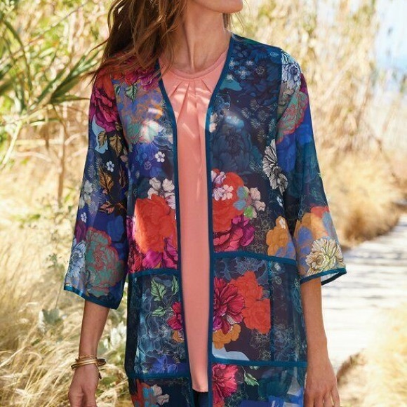Soft Surroundings Multicolor Floral Kimono Womens L sheer layer Boho Hippie - Picture 3 of 12
